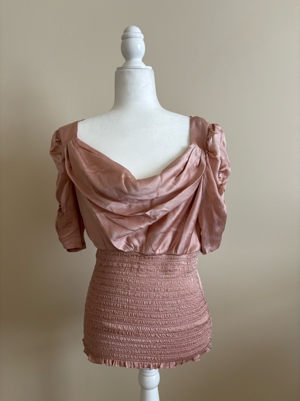 bebe Dusty Rose Draped Blouse with Smocked Waist